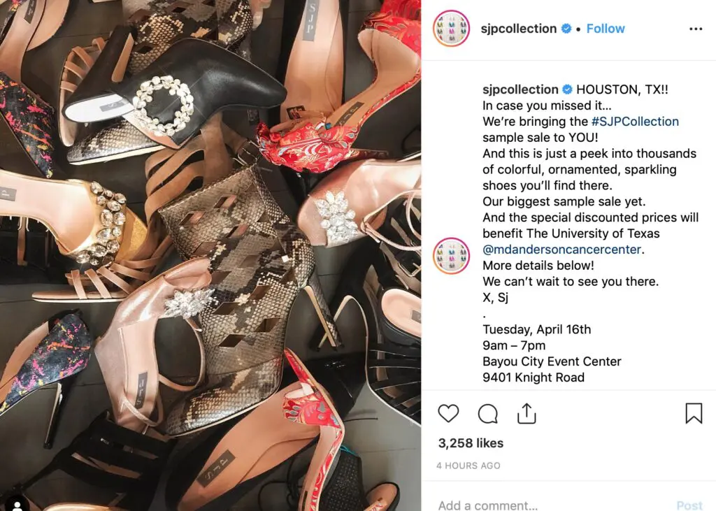 Sarah Jessica Parker touts her sample shoe sale taking place in Houston on Tuesday.