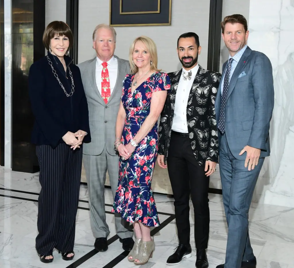 Emcee Shelby Hodge, chairs Corky & Belinda Hillhouse, honorary chairs Fady Armanious, Bill Baldwin at the HARC Let's Talk luncheon at the Post Oak Hotel. (Photo by Daniel Ortiz)
