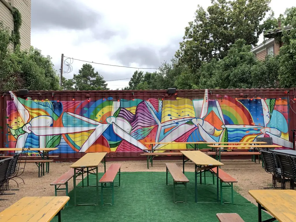 The punctuation point now of Bar Boheme's patio is this wind-energy piece, "Operation Happiness," painted by DUAL during an epic art session spanning a mere three days. (Courtesy Innovant PR)