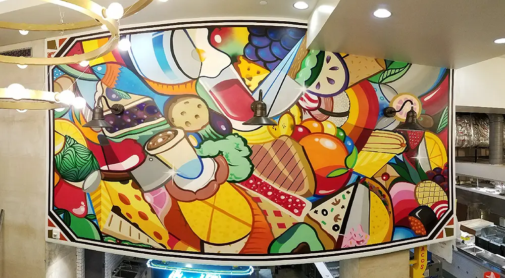 Bar Boheme's DUAL work joins the artist's other creations in cool spots around Houston. Here, Finn Hall inside the original Gulf Building boasts a jaunty pair of DUAL murals bearing culinary imagery and a Deco vibe. Scoring DUAL for its Windpower artistic headliner was a conference coup. 