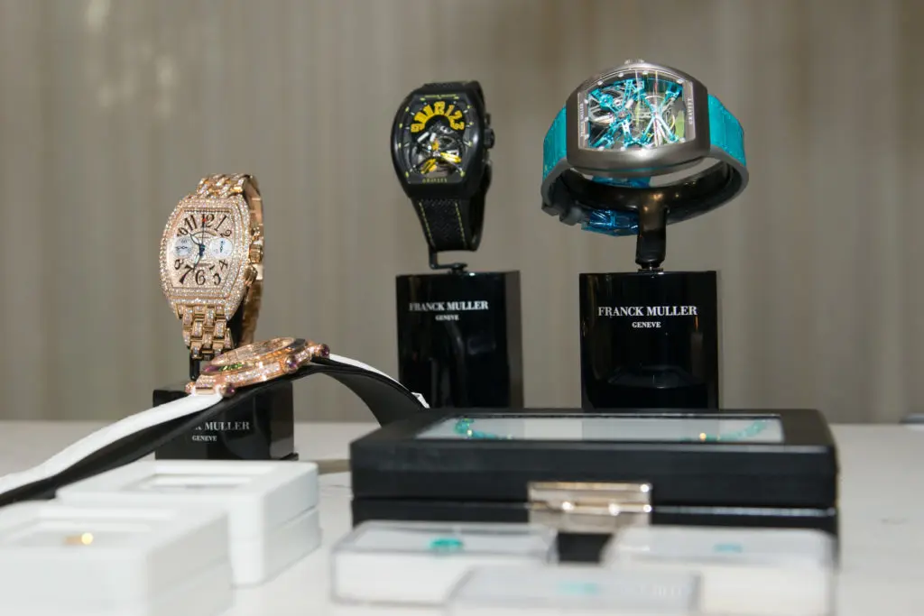 Franck Muller watches on view at the Jordan Alexander dinner party. (Photo by Jacob Power)