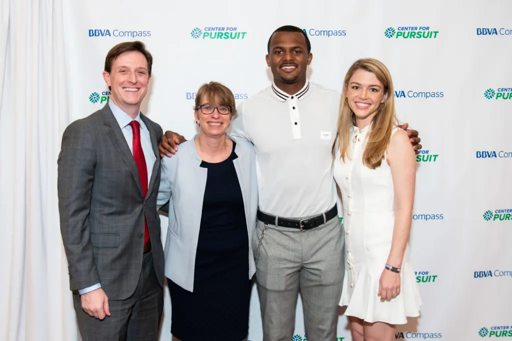 Kevin Kushner, Jennifer Dominiquini, Deshaun Watson, Brittany Sakowitz Kushner at the Center for Persuit luncheon at The Briar Club on Wednesday, May 2, 2019 (Photo by Daniel Ortiz)