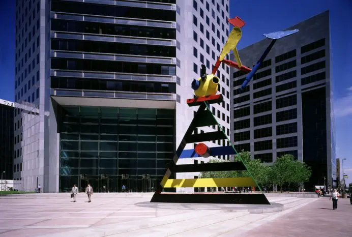 Pei championed important public art at his JPMorgan Chase Tower in downtown Houston, 1982: Joan Miró's "Personage and Birds," 1970. (Courtesy of Hines)