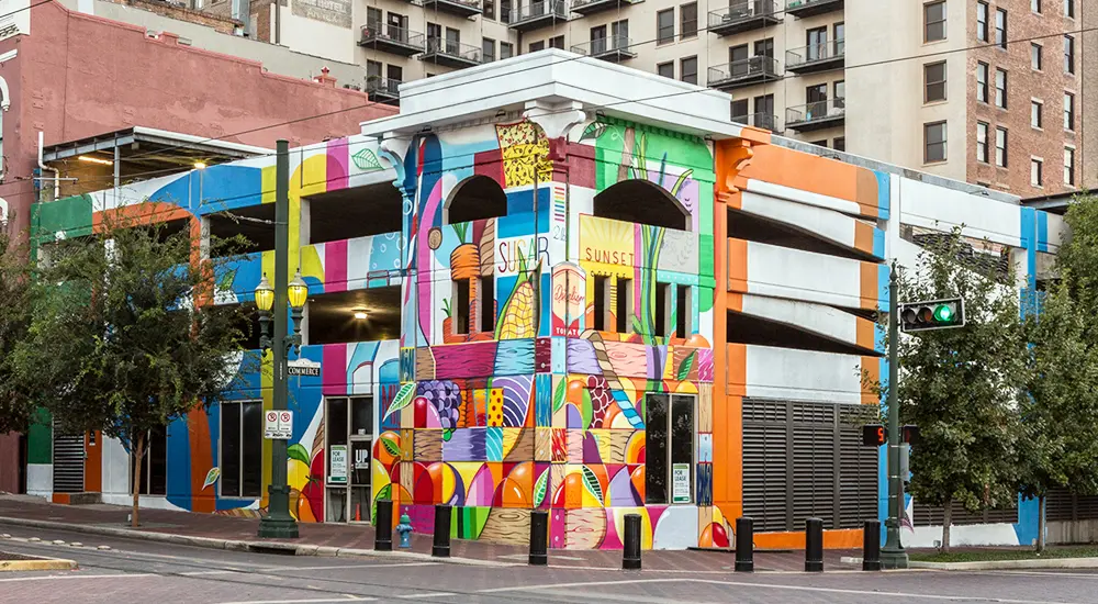One of the stars of Houston’s street art scene, DUAL’s other projects around town include Produce Row’s mural, which adds energy to the corner of Main and Commerce.