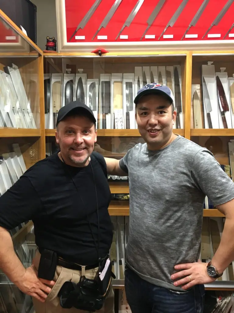 Chef Hori (right) with Carl Rosa, founder of the Houston Sushi Club, at Nenohi Cutlery shop in the Tsukiji Fish Market in Tokyo.
