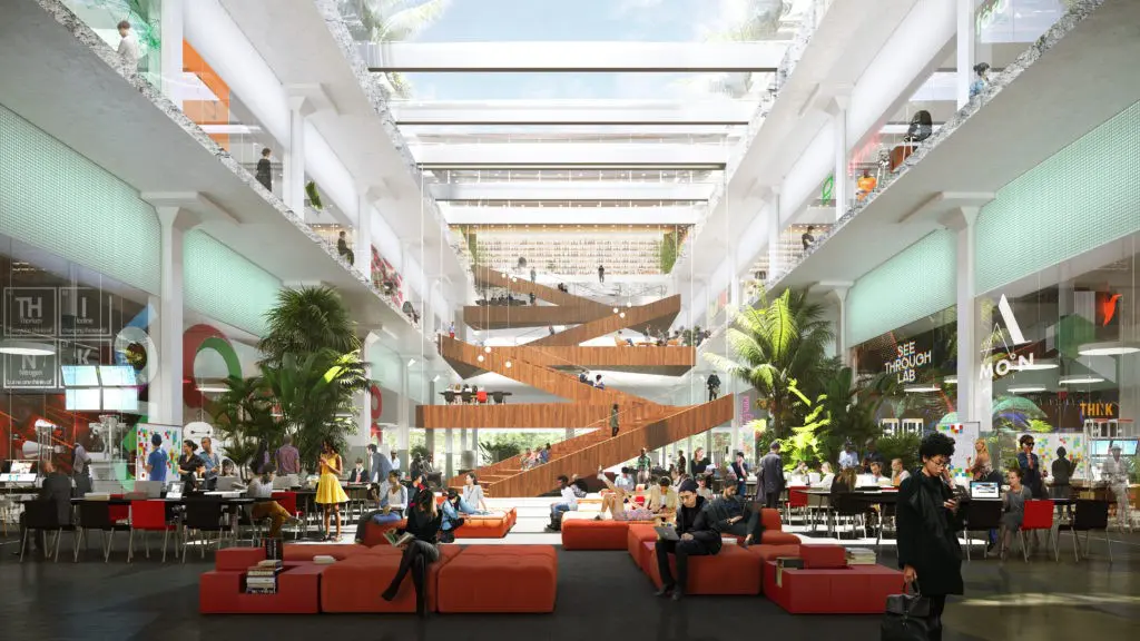 Three atriums in POST Houston excavated from the structural grid will bring light into the depth of the 500,000 square foot building.