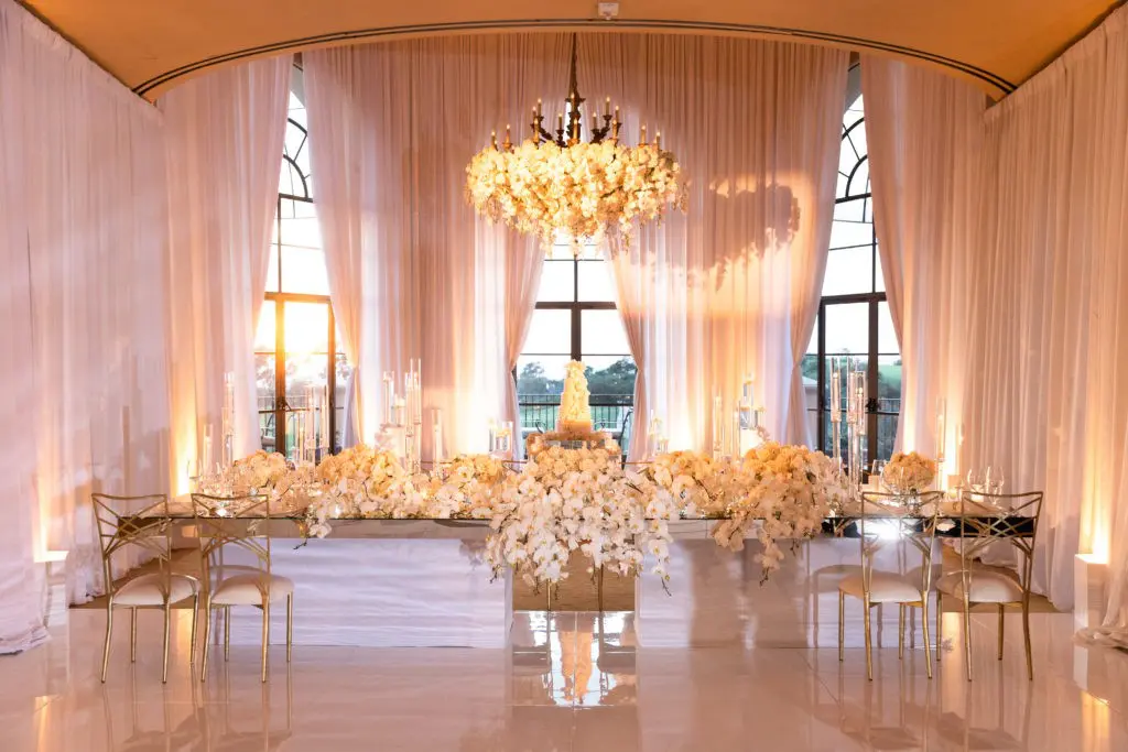White cascading orchids at the reception at The Resort at Pelican Hill. (Photo by Duke Images)
