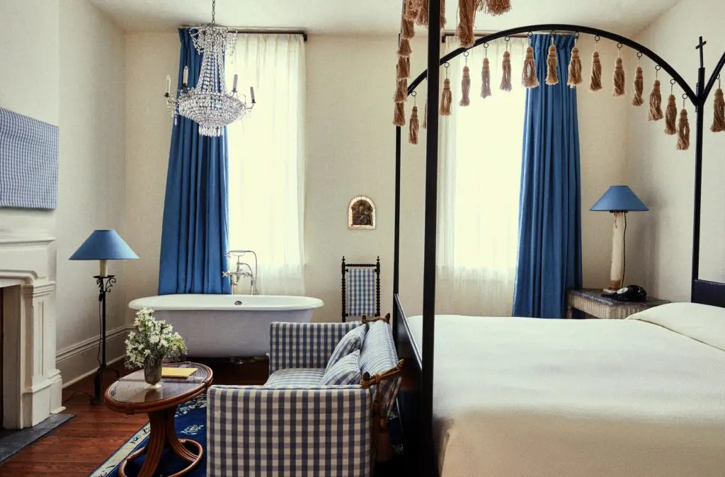 Check fabric becomes a signature of guest room decor. (Photo by Hotel Peter & Paul)