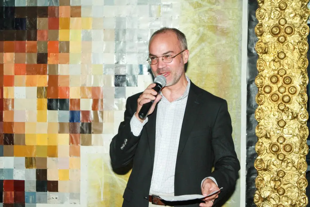 Consul General of France Alexis Andres at the Fifth Anniversary of Mr. D's "Préservons la Création" mural in Midtown. (Photo by Chris P. Bachman)