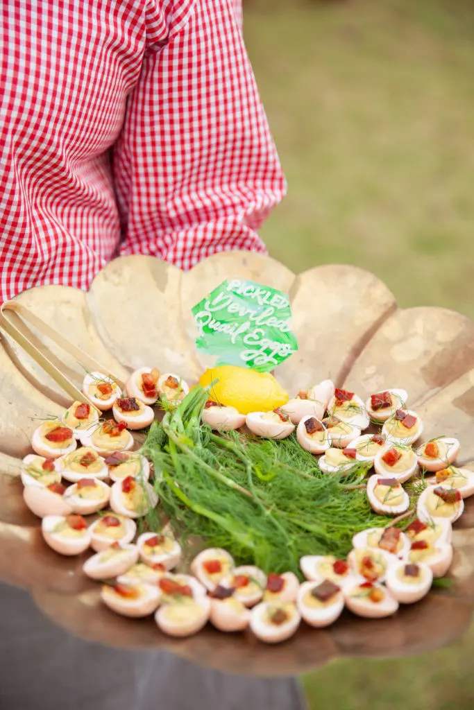 Pickled deviled quail eggs on the hors d'oeuvres menu at the Farm Girls Supper Club dinner. (Photo by Harlow & May Studios, Sissy Martin)