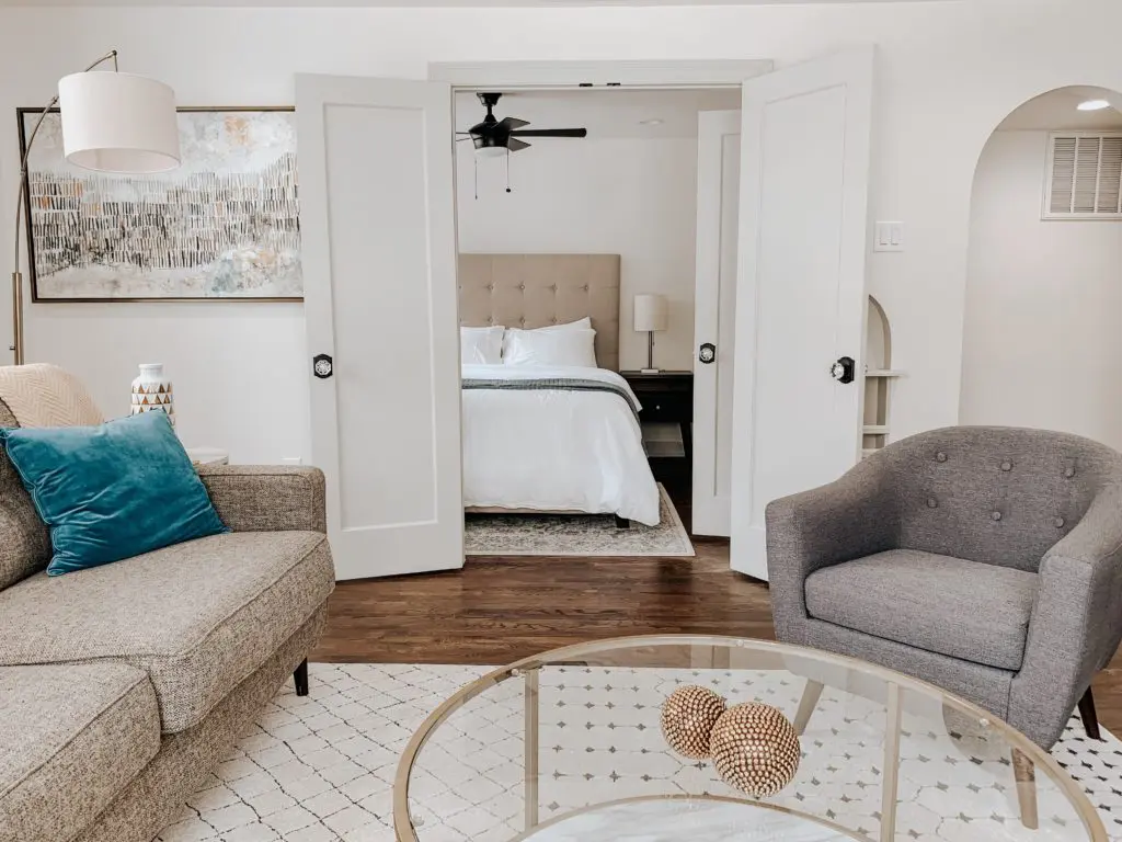 French doors lead into the bedroom of one-bedroom units at Bella. Photo by Kelsey Littlefield