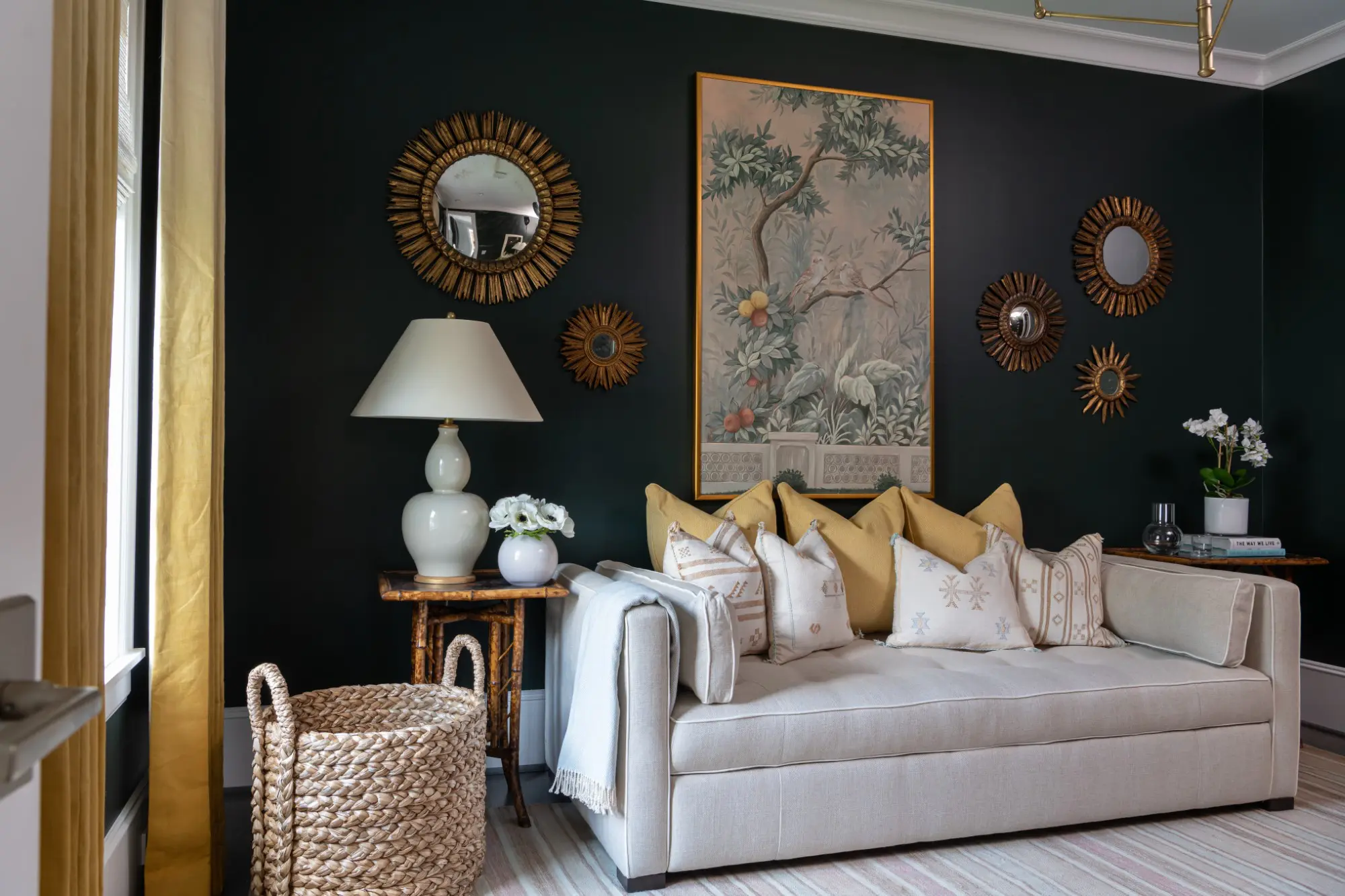 A dramatic sitting area with a pull-out daybed by Jennifer Barron Interiors. (Photo by Michael Hunter Photography)