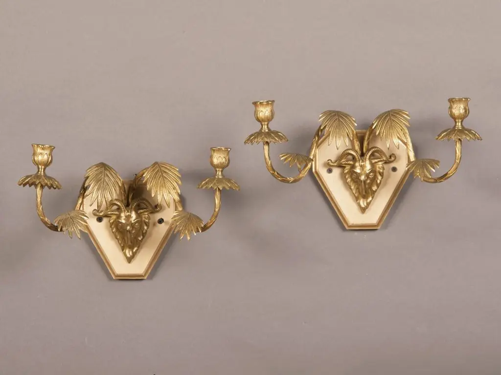 Pair Of Vintage French Art Moderne Period Gilt Bronze Double Arm Sconces, France Circa 1940