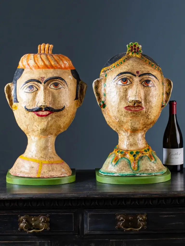 Pair Papier Mâché Vintage Indian Male Female Figures Circa 1960 On Brackets