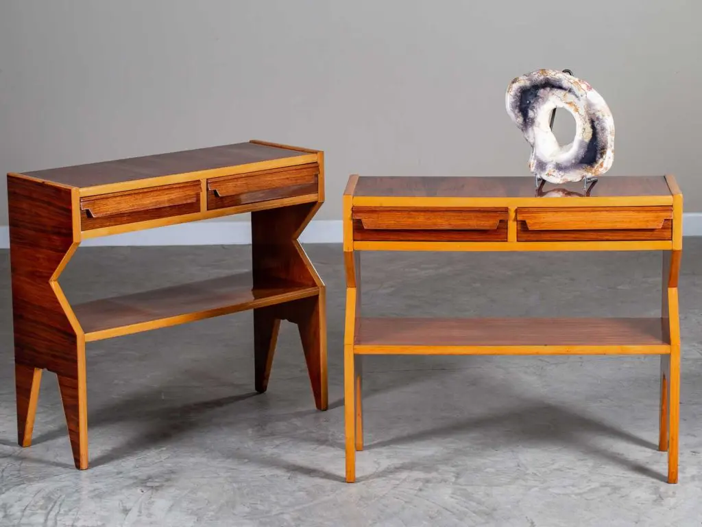 Pair Vintage Modern Italian Walnut And Maple Console Server Tables Circa 1960