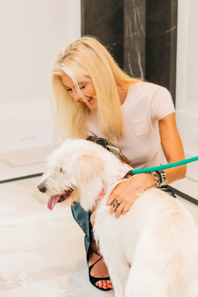 Tama Lundquist and Fifi, ready for a forever home, at the Houston PetSet 'Fierce & Fabulous' fundraiser/open house. (Photo Bonner Rae Photography)