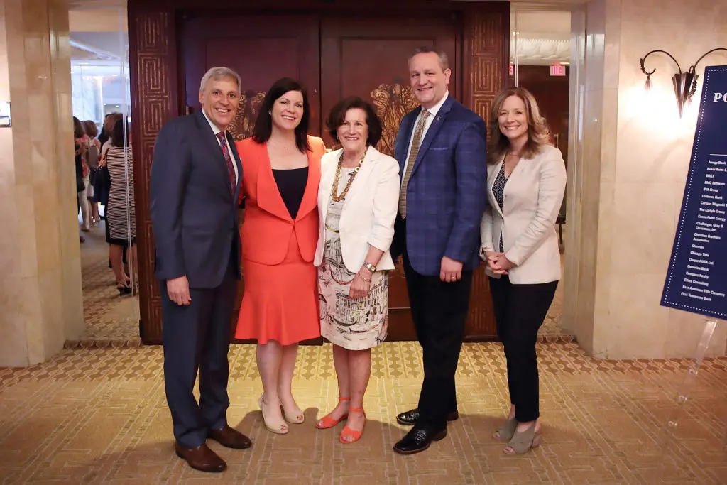 Tom Segesta, Lauren Levicki Courville, Nancy Levicki, Joel Cowley, Pam Jesse at Dress for Success Houston Corporate Guild Power Breakfast. (Photo by Quy Tran)