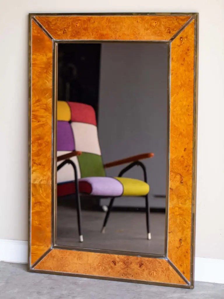 Willy Rizzo Alveo Range Vintage Italian Burl Elm Brass Mirror Circa 1970