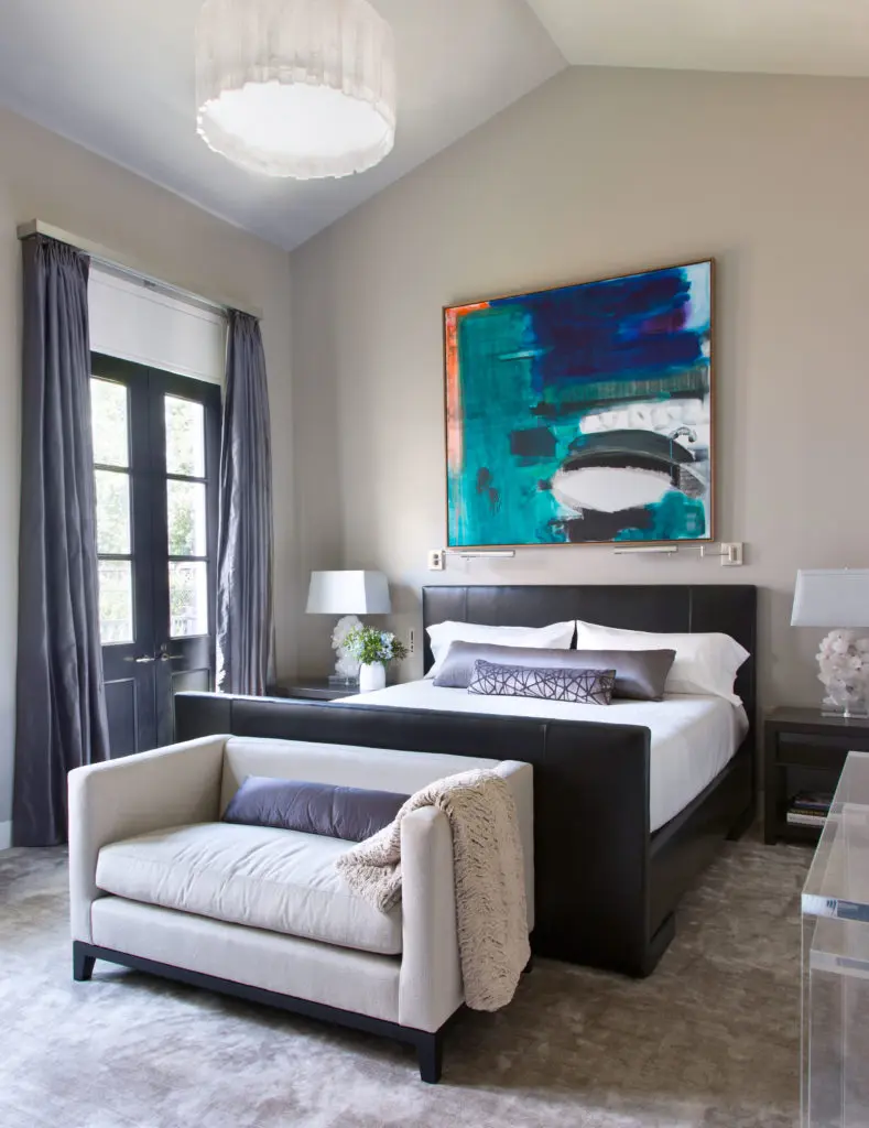 Guest bedroom in the main house, bed and settee designed by Joseph Minton. Monique van Genderen's  'Untitled,' 2013. (Photo by Emily Minton Redfield)