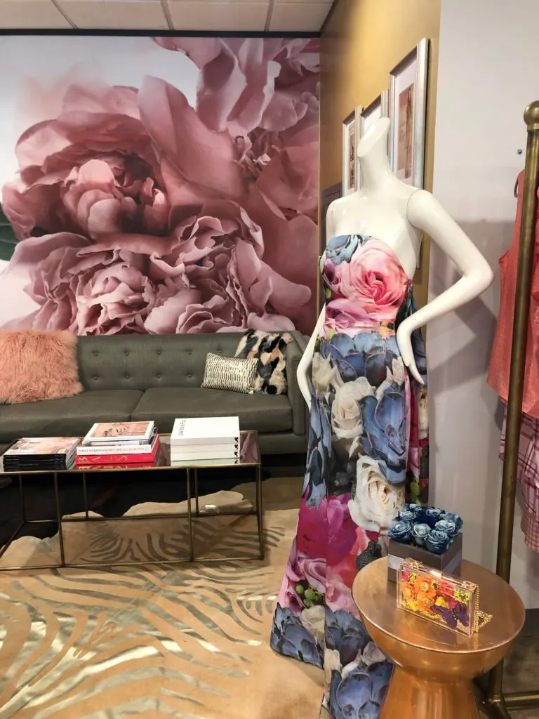 The dress that inspired the wall covering in David Peck's showroom. (Photo by Shelby Hodge)
