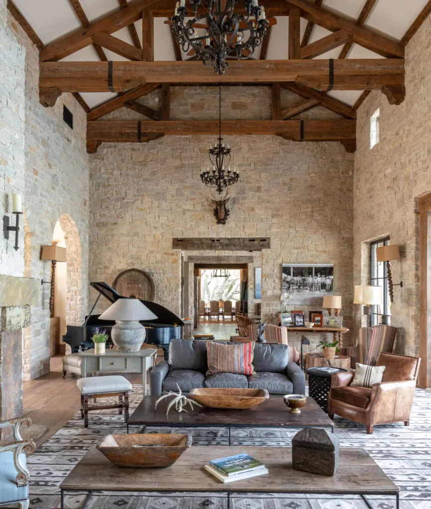 The main house is constructed of rough-hewn stone and hand-hewn oak beams reclaimed from ranches across North America. (Photo by Michael Hunter)