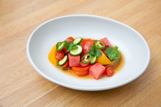 The organic tomato and watermelon salad at True Food Kitchen.