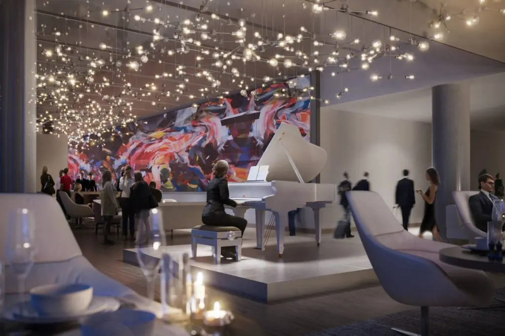 A rendering of the hotel bar and lounge. Courtesy of HALL Arts Hotel