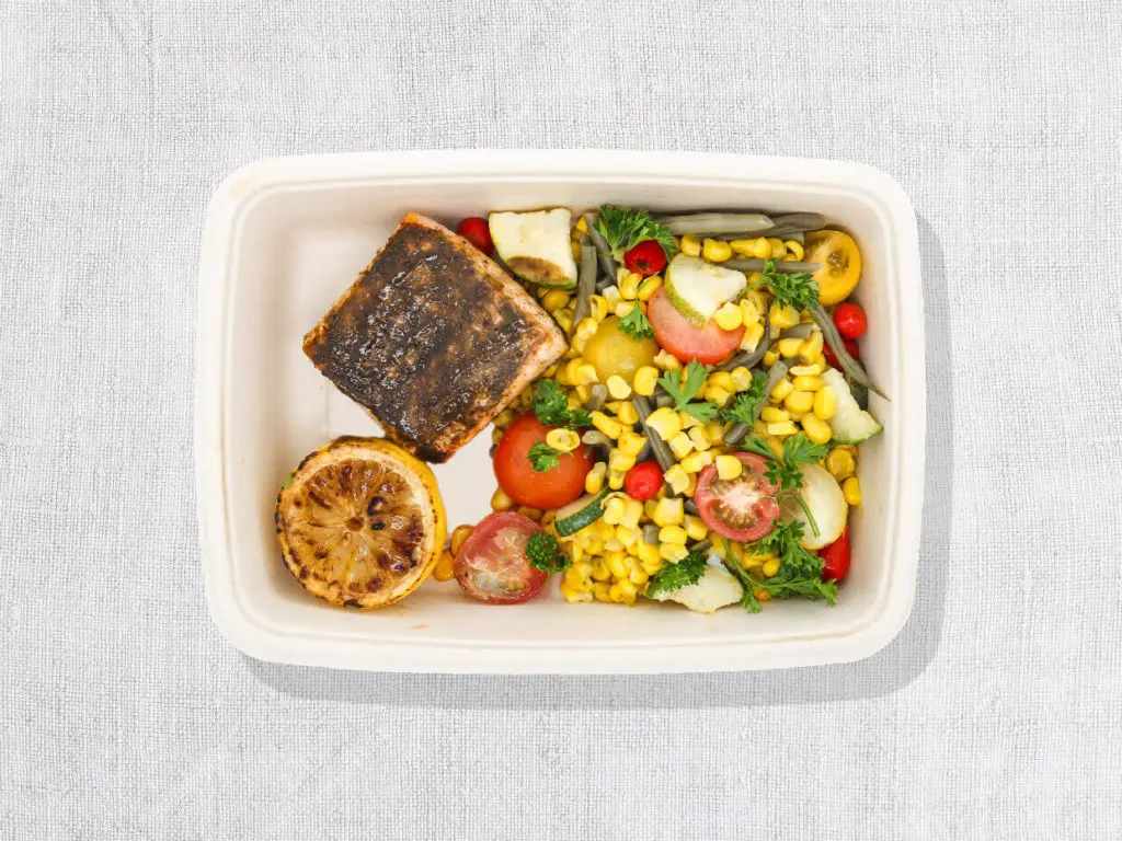 The roasted salmon & veggies includes a basil pesto.