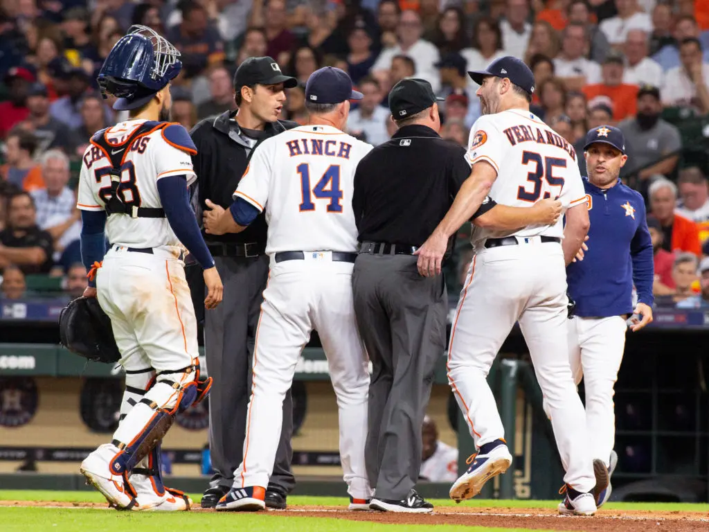 Justin Verlander and umpire Pat Hoberg weren't seeing eye to eye. (Photo by F. Carter Smith)