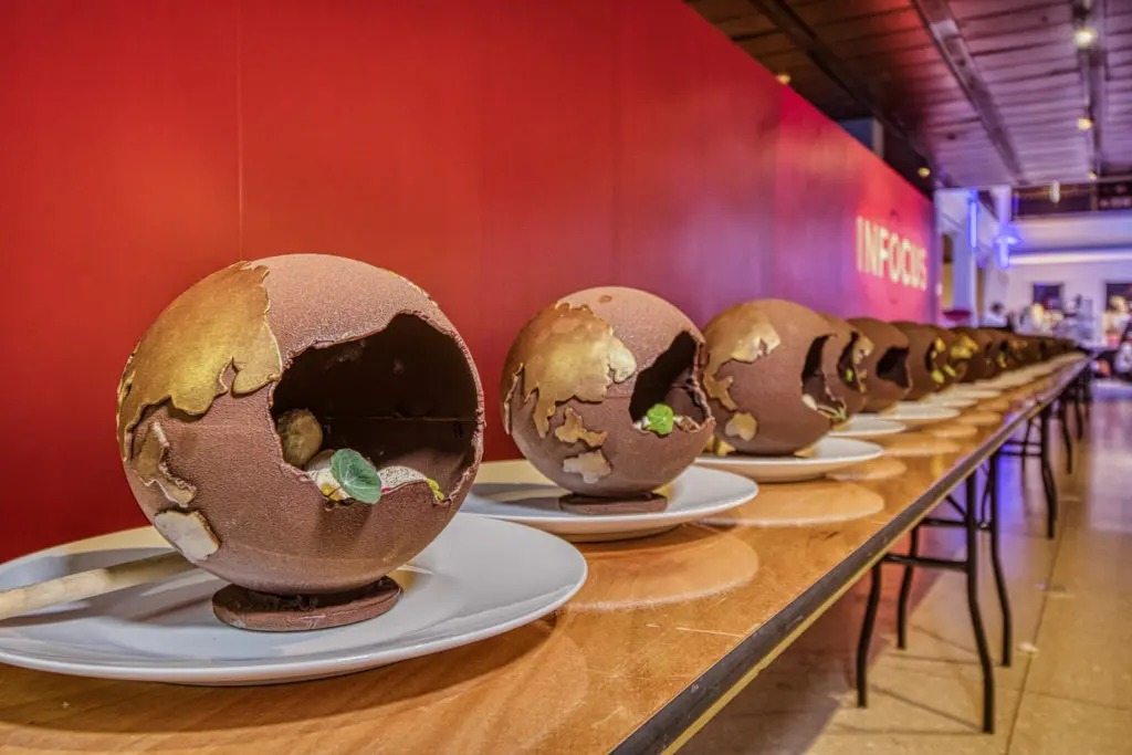 Massive dessert globes representing sweets from around the world, the final course of the six-hour dinner. (Jack Potts photo)