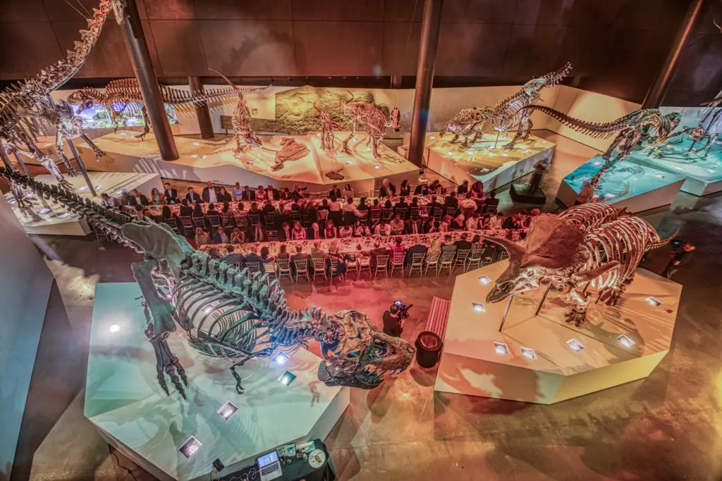 More than 100 diners in cocktail attire seated for a six-hour gourmet feast at the Houston Museum of Natural Science. (Jack Potts photo)