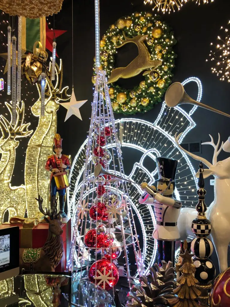 Reindeer soar, trumpeters toot and drummers drum in the showroom of imaginative Christmas decorations. (Photo by Shelby Hodge)