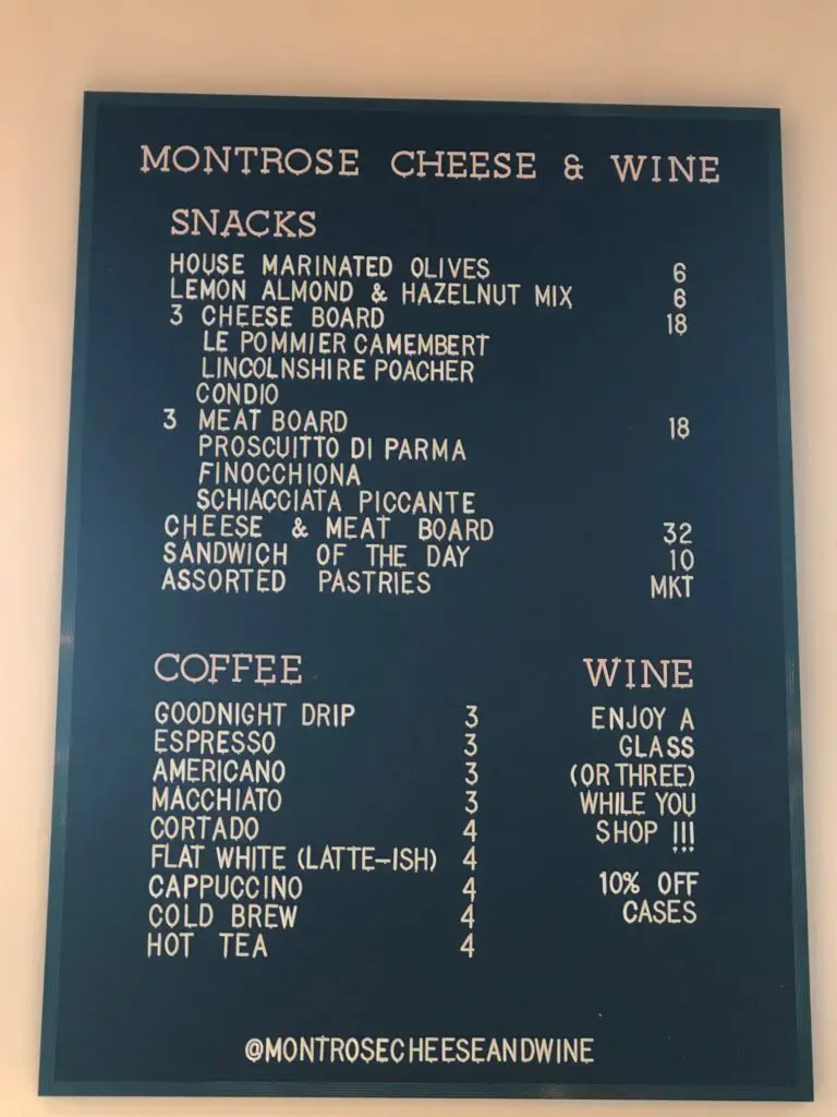 Th light bites menu at the Montrose Cheese & Wine (Photo by Shelby Hodge)