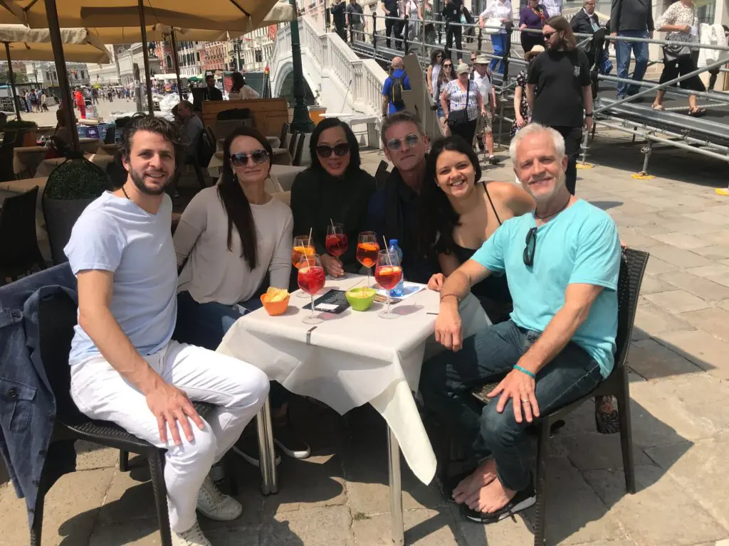 Toasting an exhibition and basking in Venetian ambiance: headliner Justin Garcia, Wynne Bischoff, Christina Truong, Todd Williamson, Marta Djorovic, Greg Walter. (Photo courtesy the artist) 