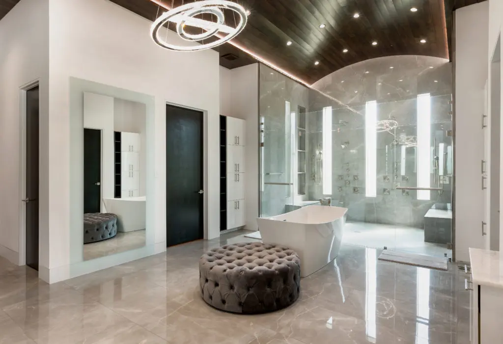 Frankel Building Group created this contemporary bath in a 17,000 square foot home now owned by Houston Rocket James Harden.