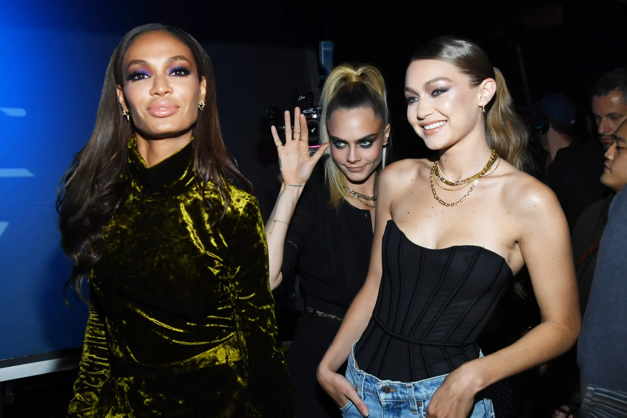 Joan Smalls, Cara Delevingne, and Gigi Hadid posed for photos before appearing in the Savage X Fenty Show. (Photo by Kevin Mazur/Getty Images for Savage X Fenty Show Presented by Amazon Prime Video )