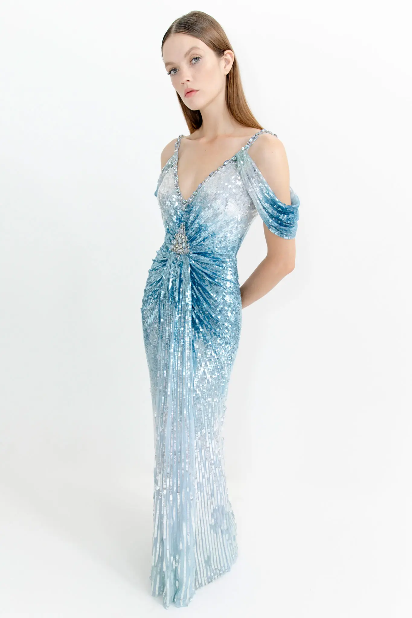 Jenny Packham powder blue ombré sequin gown with crystal motif. (Photo courtesy of Jenny Packham)