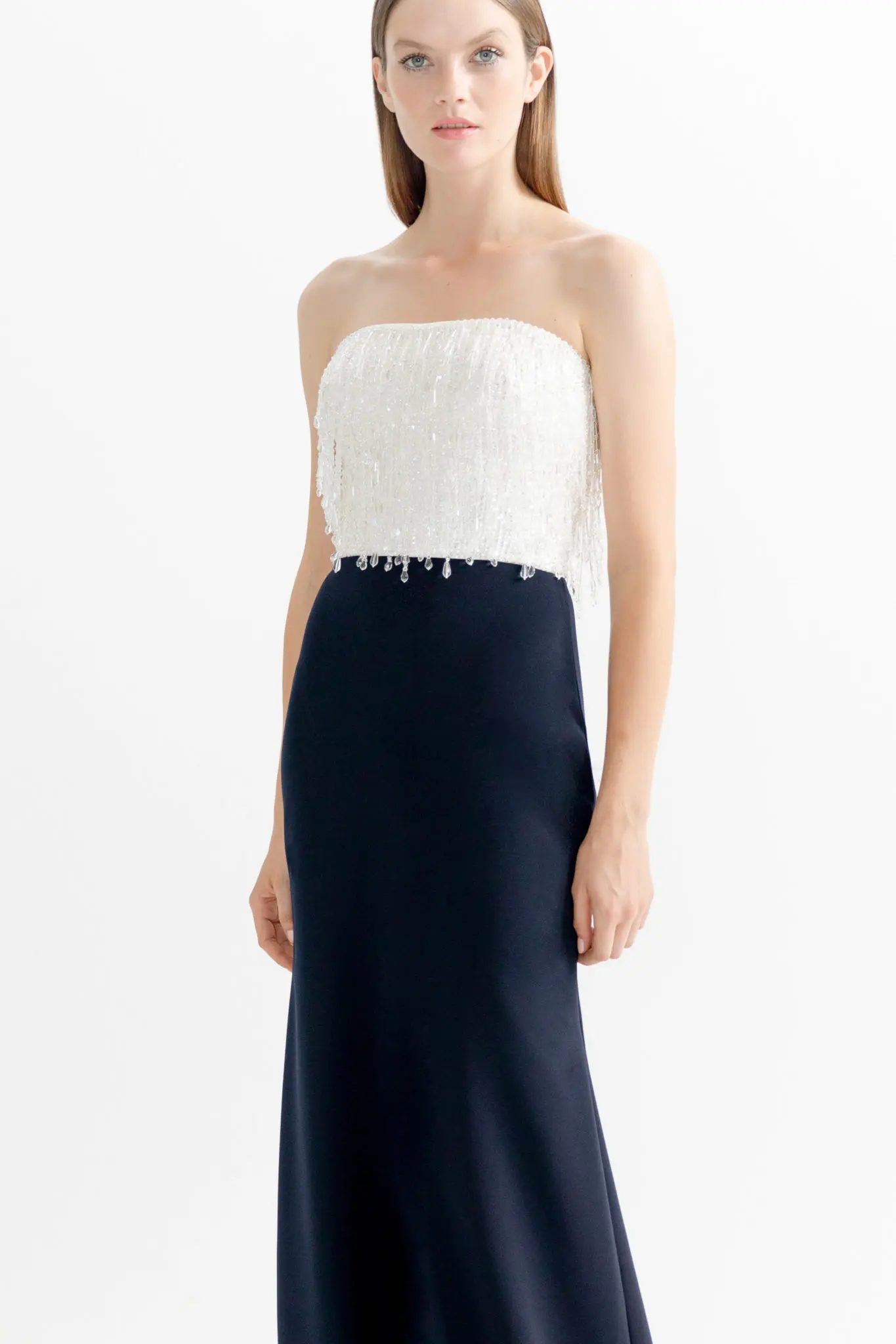 Jenny Packham navy crepe gown with ivory crystal tassel bodice. (Photo courtesy of Jenny Packham)