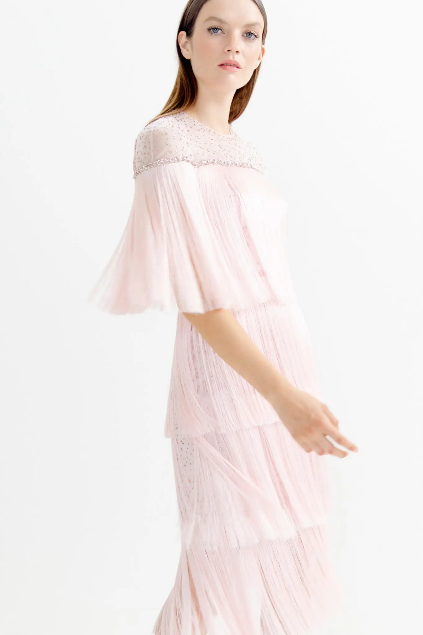 Jenny Packham blush pink glitter tulle crystal appliqué fringed cocktail dress. (Photo courtesy of Jenny Packham)