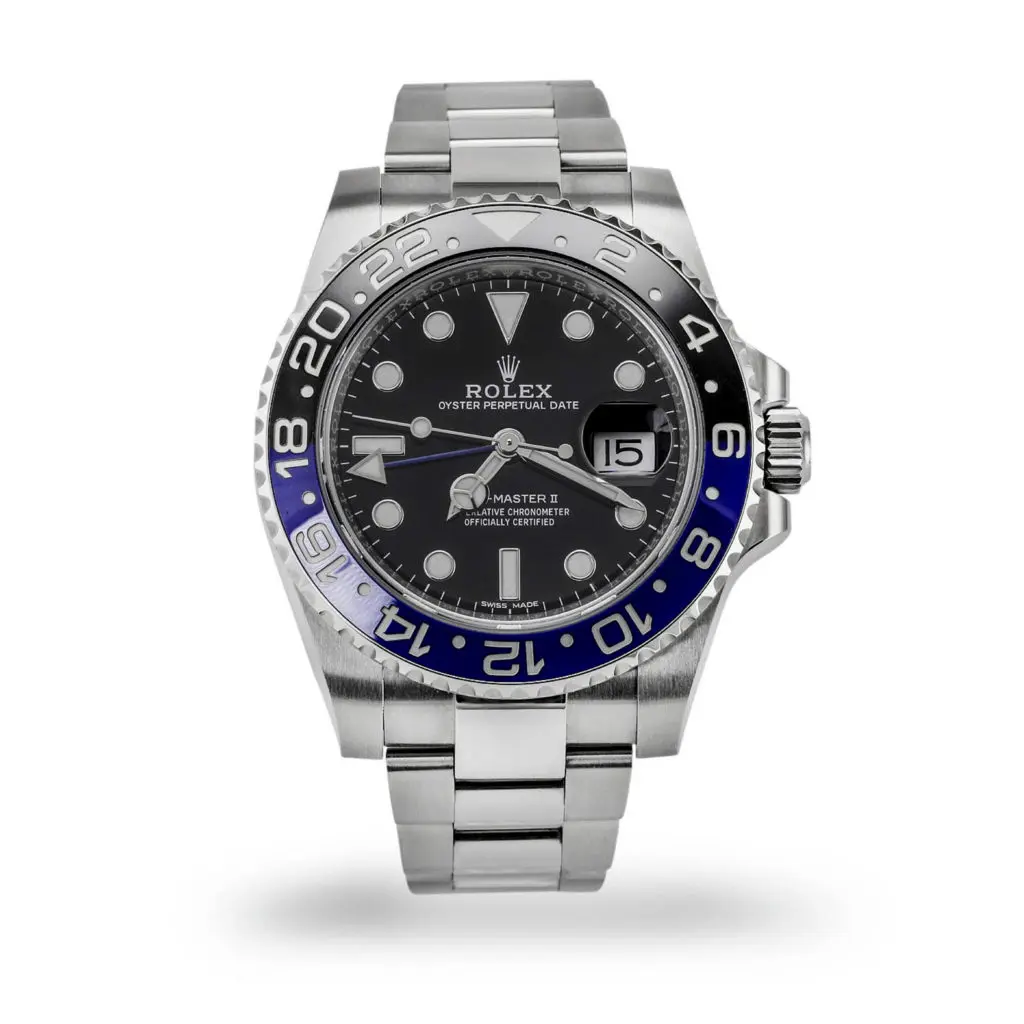 Rolex GMT Master II Stainless Steel "BATMAN" with black and blue Cerachrom insert ceramic bidirectional rotatable 24 bezel.