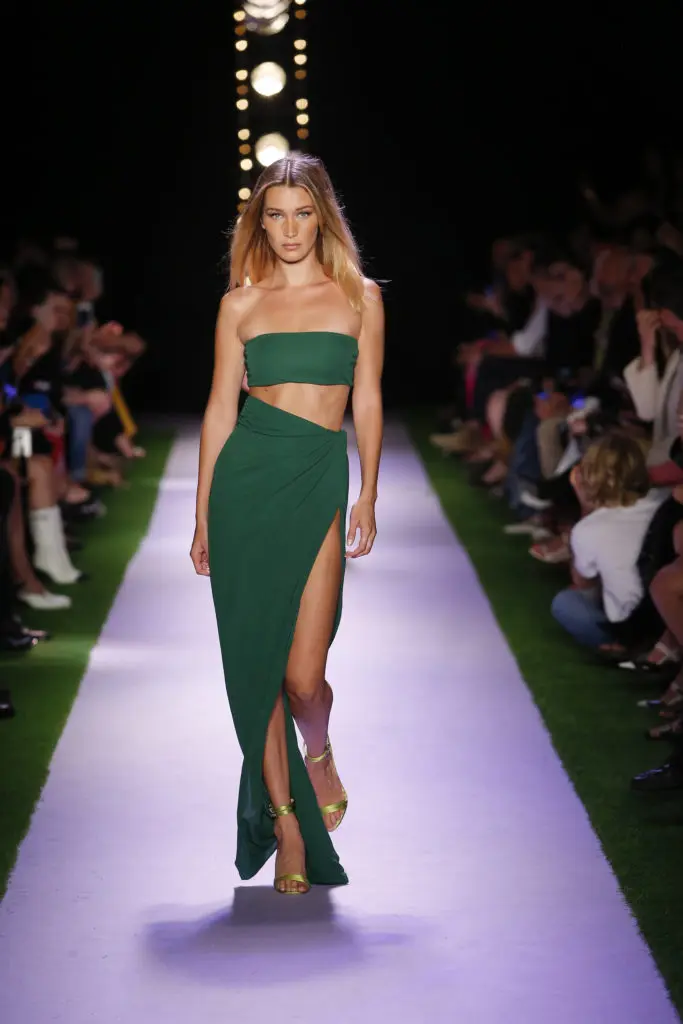 Brandon Maxwell green bandeau top and matching skirt with thigh-high slit. (Photo courtesy of Brandon Maxwell)