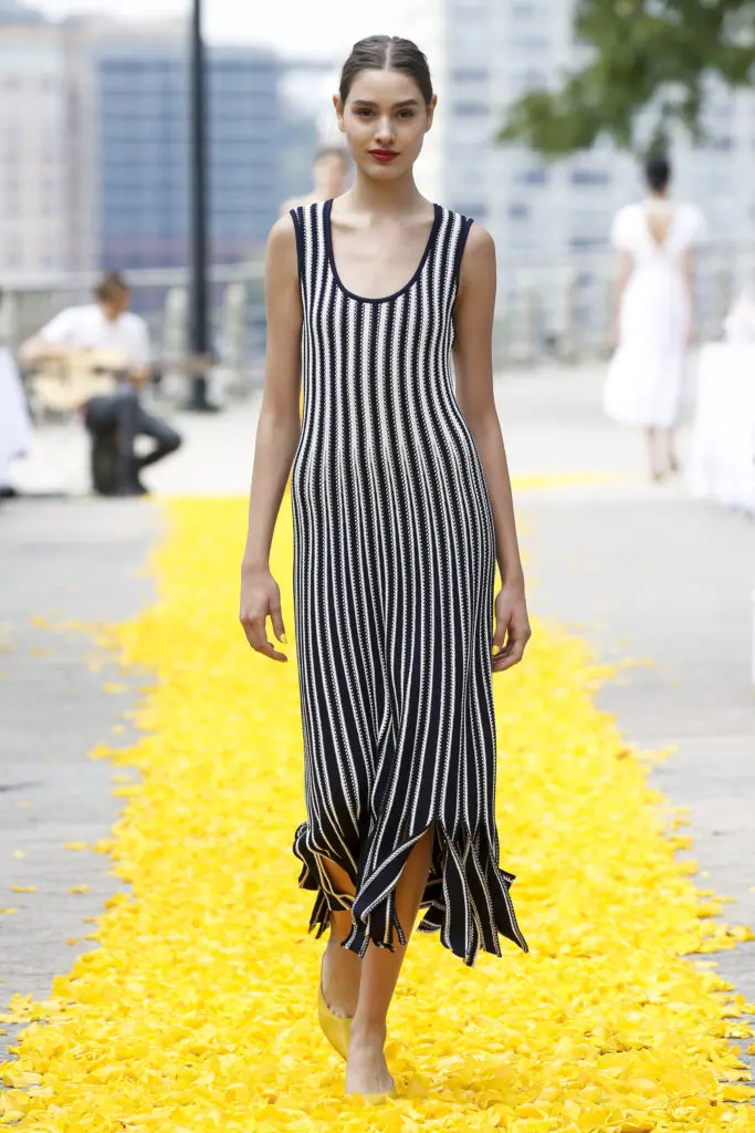 Lela Rose navy and white crochet knit dress with carwash hem. (Photo by Dan and Corina Lecca)
