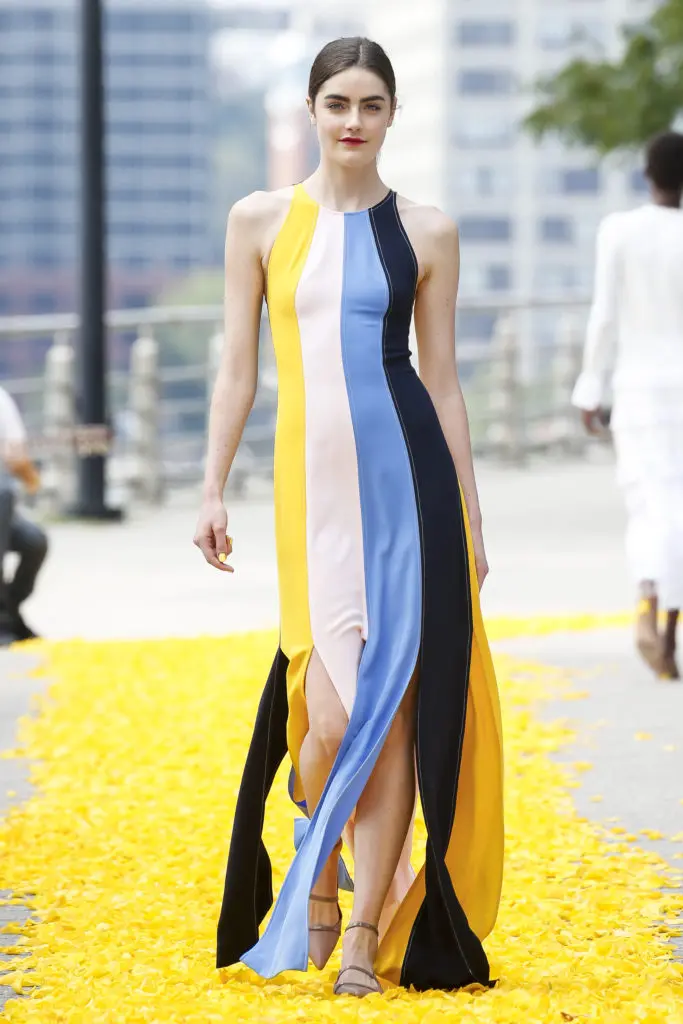 Lela Rose striped crepe car wash gown. (Photo by Dan And Corina Lecca)