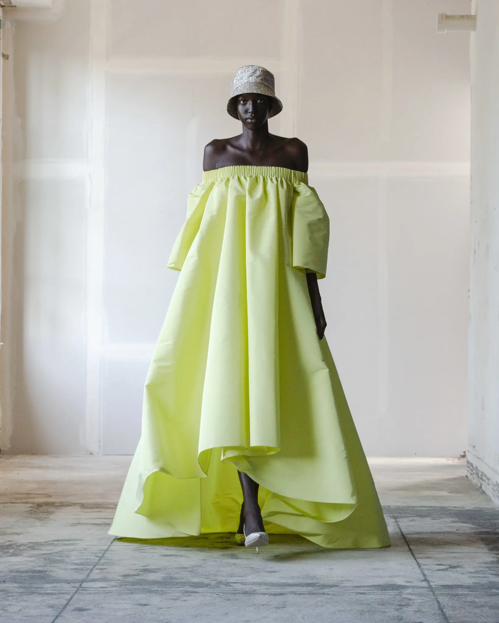 Adam Lippes citrine silk faille gown, jacquard pump. (Photo courtesy of Adam Lippes)