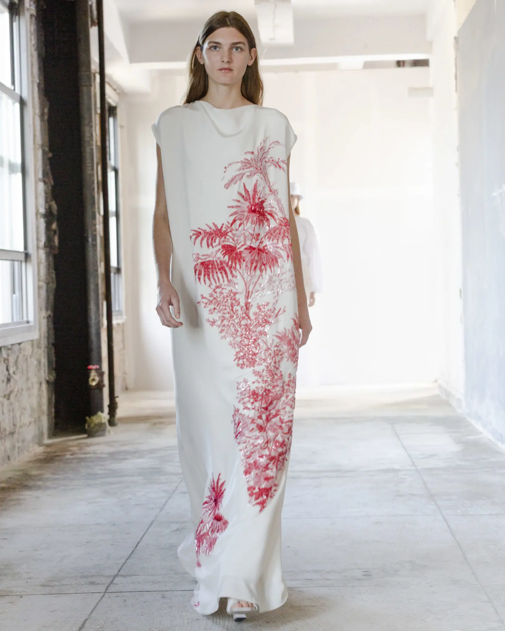 Adam Lippes white silk crepe long dress with hand embroidered sequins. (Photo courtesy of Adam Lippes)