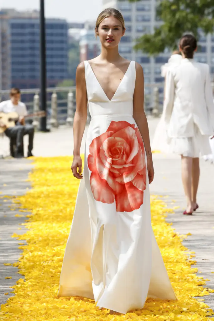 Lela Rose American rose print gown with train. (Photo by Dan and Corina Lecca)