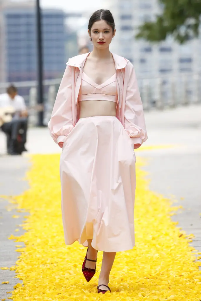 Lela Rose pink-sky sailcloth cotton windbreaker, bralette, and full skirt. (Photo by Dan and Corina Lecca)