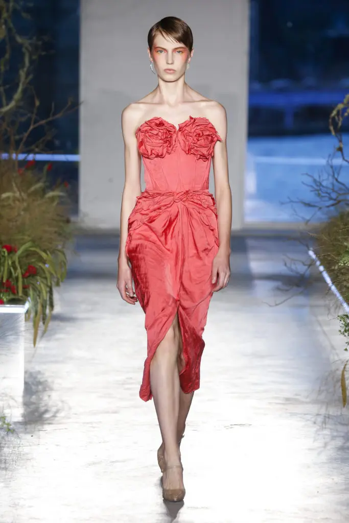 Jason Wu red cocktail dress with floral detail at the bustline. (Photo courtesy of Jason Wu)