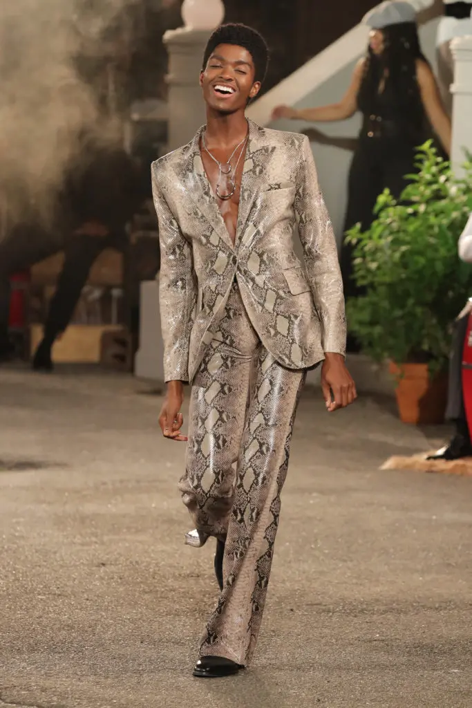 Tommy X Zendaya leather snake print jacket and pants. (Photo courtesy of Tommy Hilfiger)
