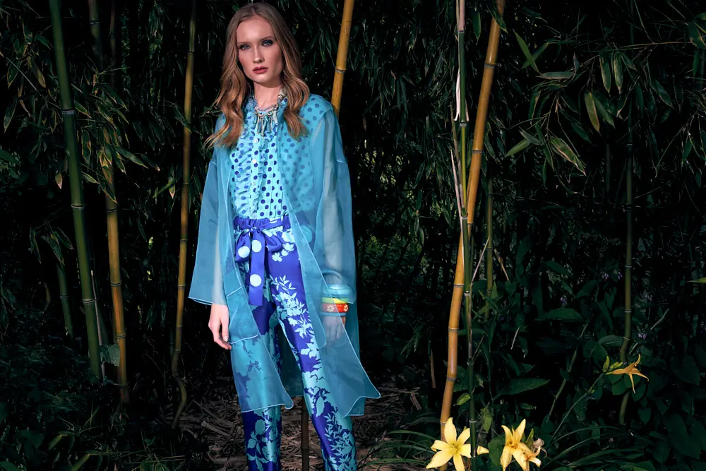 Maison Common organza topper, dotted sleeveless shell, floral pull-on trouser. (Photo courtesy of Maison Common)
